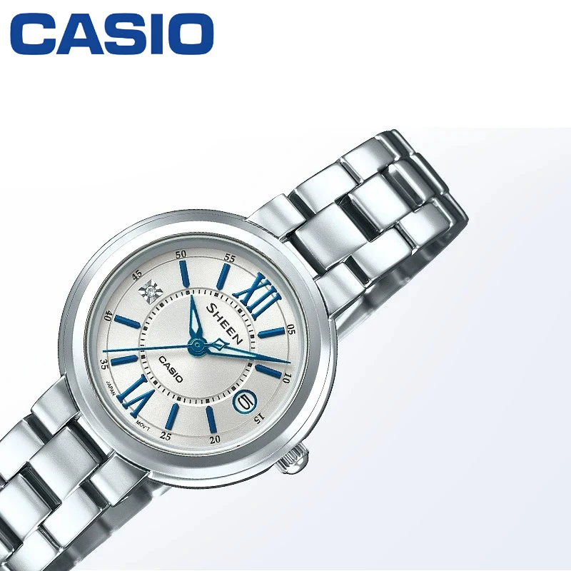 SHEEN by Casio SHE-4528D-7A Women Quartz Watch Vintage Roman Dial Date Window Sapphire Mirror Stainless Steel Band Gift for Her