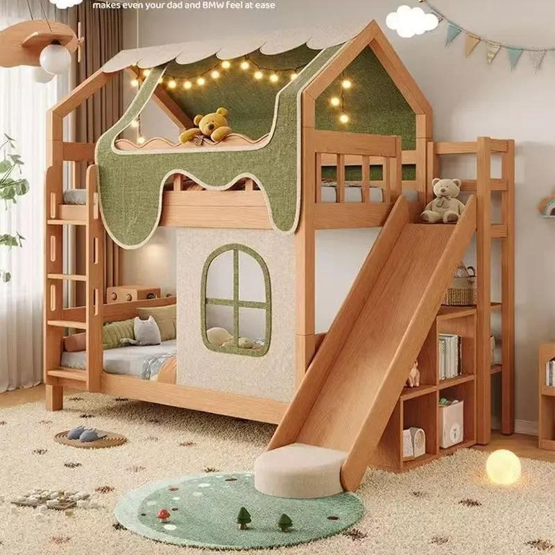 Red Oak Solid Wood Bunk Bed with Slide Treehouse Design Split High Low Beds for Kids Small Apartment Parent Child Furniture