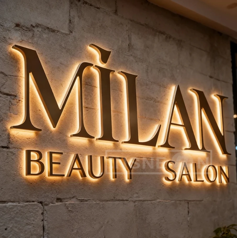 علامة باب الشقة شعار شخصي الذهب معدن الخلفية للجدار مكتب الجمال الأعمال الإعلان 3D صالون اسم Led النيون بار