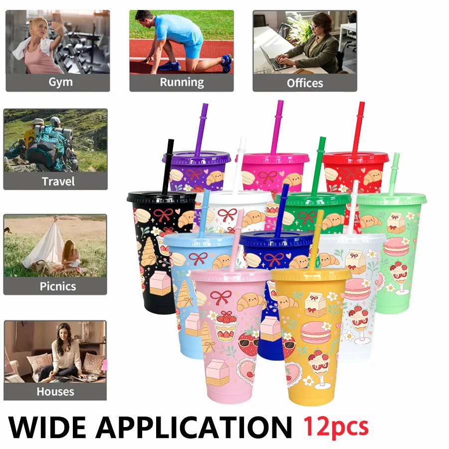 12pcs/pack Cake Flowers Bow Pattern 26oz Colored Plastic Party Cold Drink Cup for Back-to-school Birthday Gift