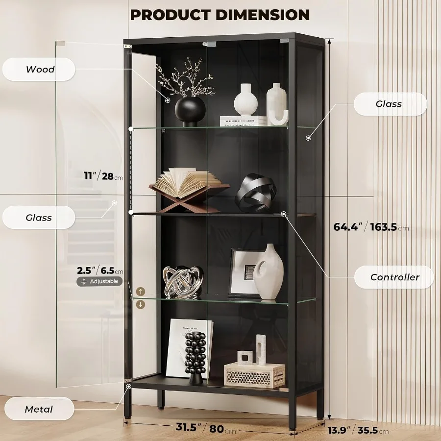 Auro Home 4-Tier Display Cabinet with 3color Lightand Human Body Sensor Black