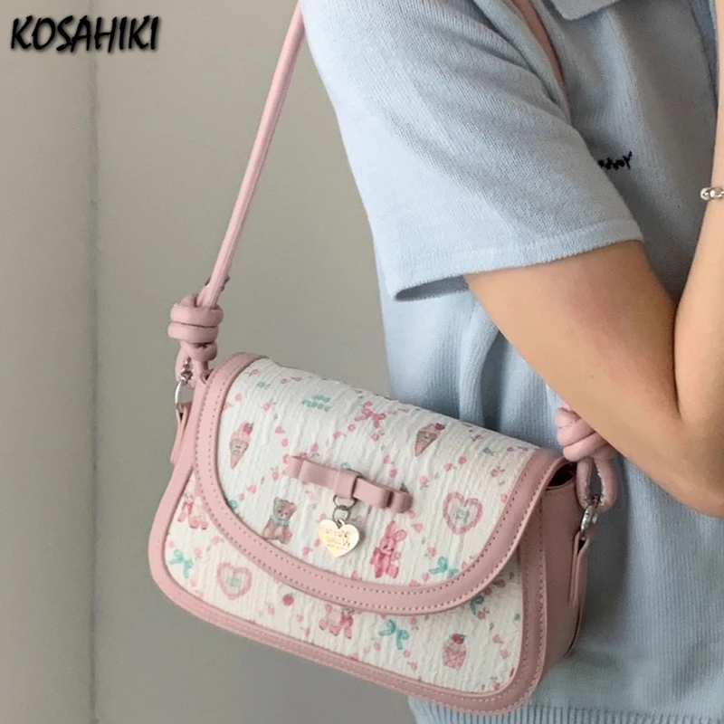 

2025 New Fashion All Match Cute Underarm Bag Cartoon Kawaii Sweet Heart Printing Handbags Japanese Fairy Chic Grls Shoulder Bags