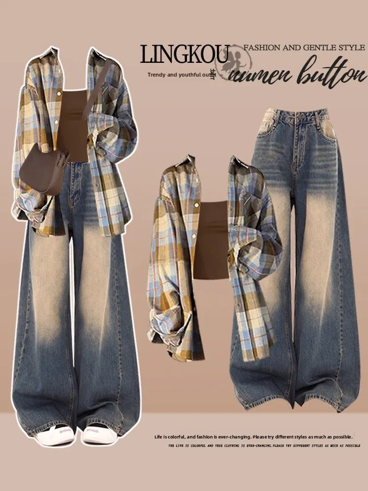 

Spring Casual Plaid Shirt And Vest Set Women's Korean Style Slimming Wide Leg Jeans Three Piece Suit Long Sleeve Neck