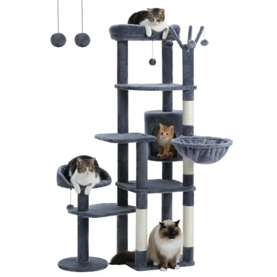 

59 Multi-Level Cat Tree for Large Cats Dark Gray Cat Tower with 3 Removable Pompom Sticks Indoor Cat Condo featuring Large Hamm