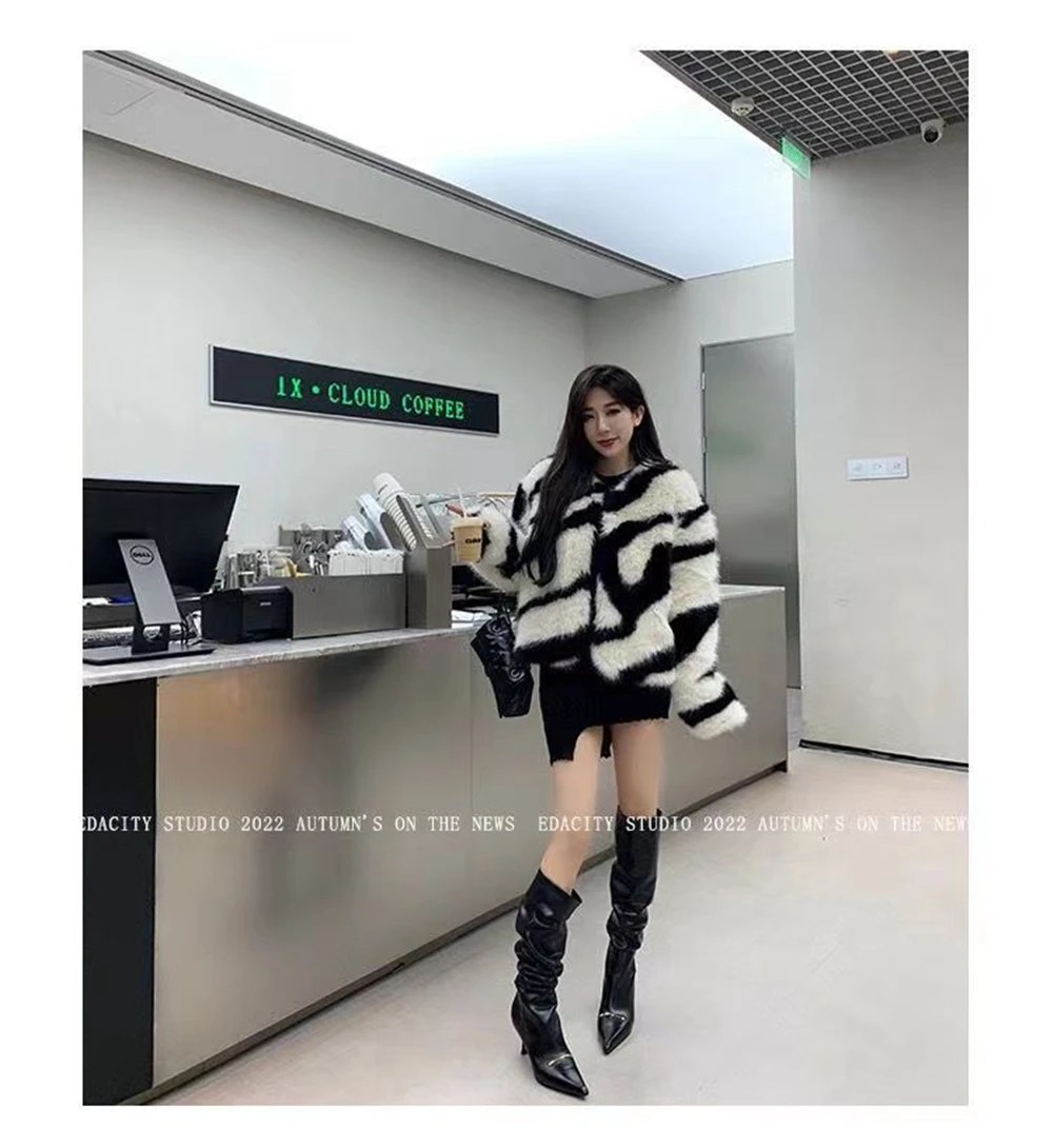 Formal DressesWoman Clothing2024 Autumn/Winter Women'S  Design Zebra Pattern Faux Fur Tuscany Short V-Neck Slim Wool Sweat