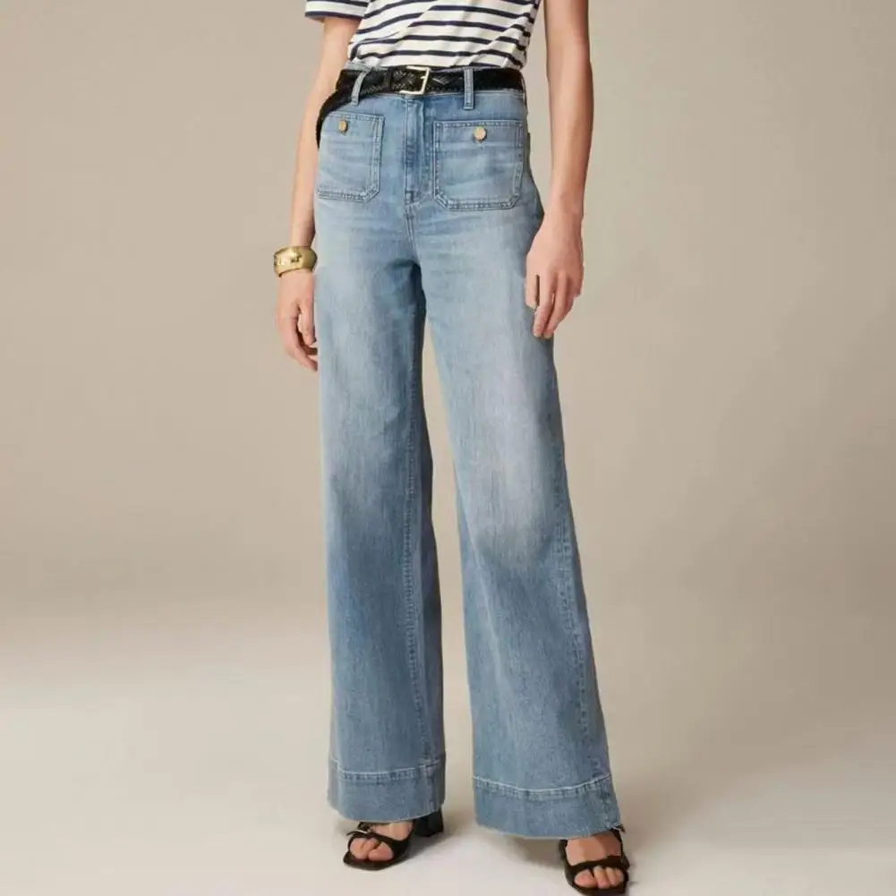 Pantalones vaqueros desgastados de cintura alta para mujer, Jeans elegantes con pierna ancha, ajuste elástico, bolsillos convenientes para viajar