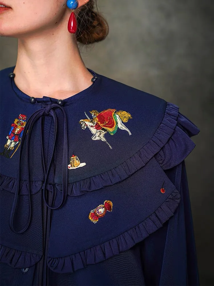 Spring Autumn Original Design Women The Merry-go-round Embroidered Vintage Style Detachable Collar Loose Navy Blue Shirts/Blouse