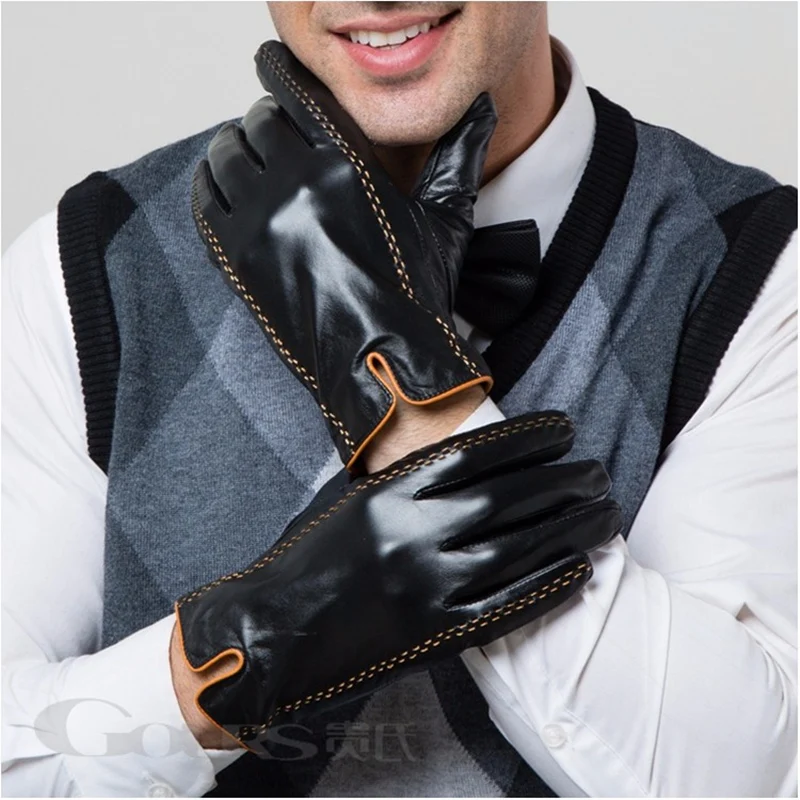 Gours Winter Men\'s Genuine Leather Gloves New Brand Touch Screen Gloves Fashion Warm Black Gloves Goatskin Mittens GSM012