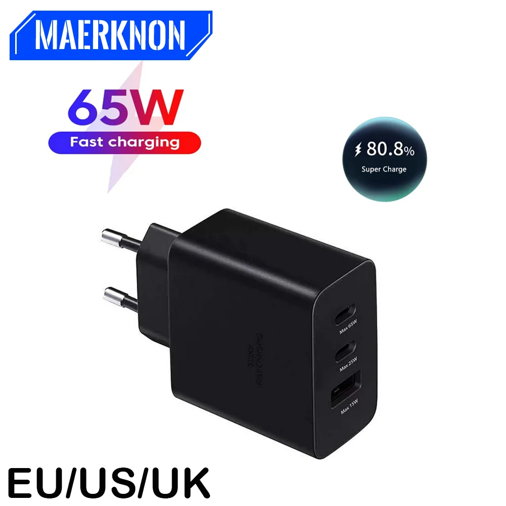 

Max 65W Three-port Mobile Phone Charger PD+USB Fast Wall Charger EU/US/UK Plug For Tablet Laptops iPhone Xiaomi Huawei Samsung