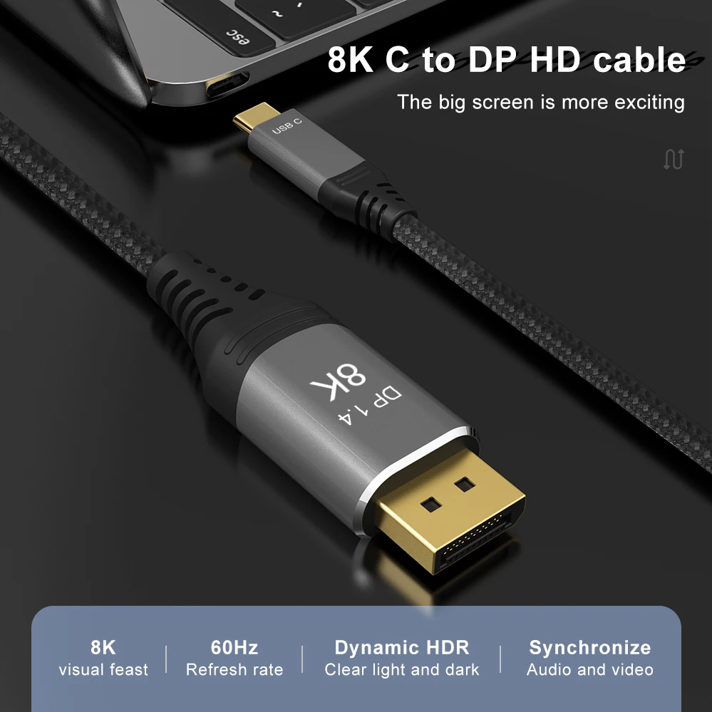 Usb C إلى ديسبلايبورت كابل 8K نوع C إلى DP 1.4 كابل 8K 60Hz 4K 144Hz Thunderbolt 3/4 محول لرصد ماك بوك سامسونج HDTV