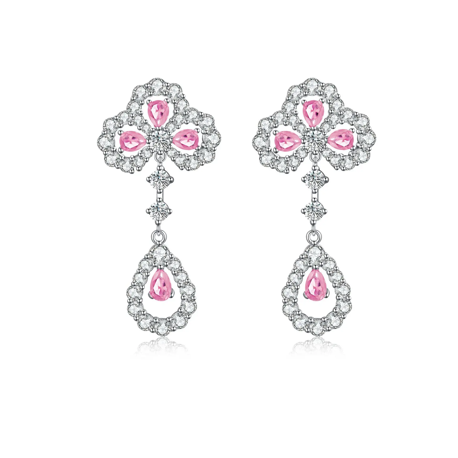 

14K 18K White Gold Semi-precious Gemstones Clover Ear Drop Dangle Tassel Long Earring Silver Blue Pink Topaz Tourmaline Ear Stud