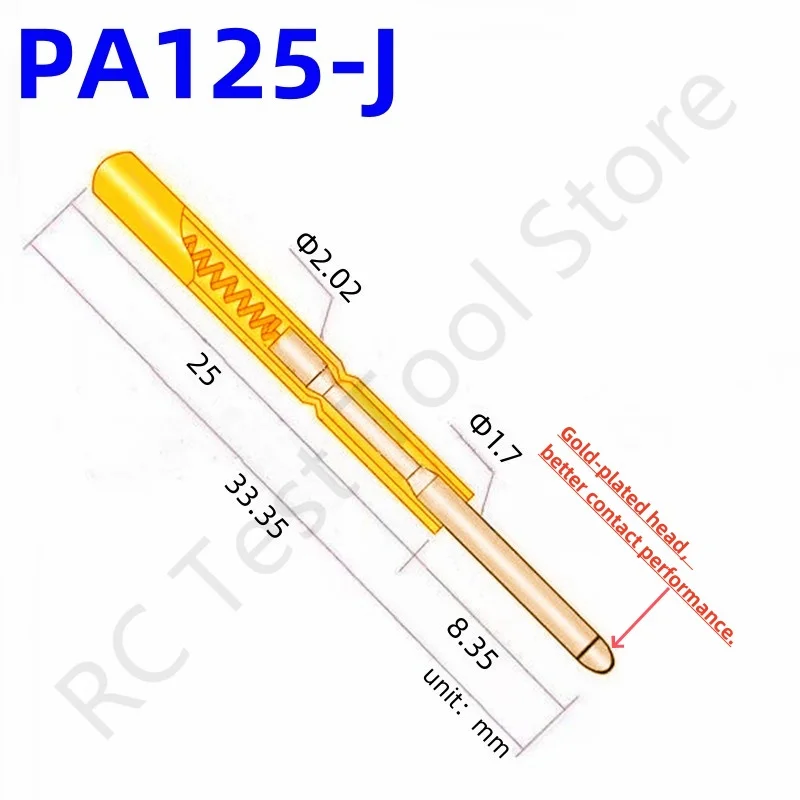 100PCS PA125-J Spring Test Probe PA125-J1 Test Pin Pogo Pin P125-J1 P125-J PCB Test Tool 1.7/2.02/33.35mm Gold Needle Round Tip