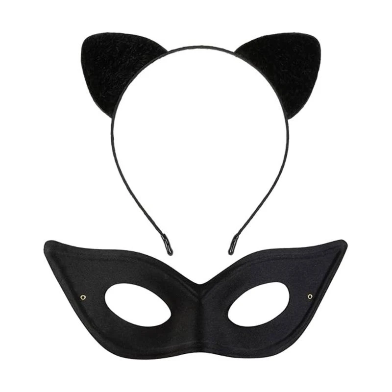 

5asd Plush Black Cats Ears Hairband And Mask Set For Adults Girls Cosplay Halloween Party Accessories