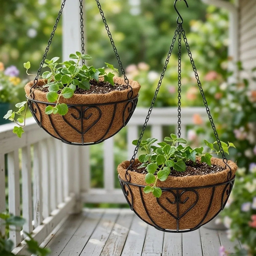 2 Hanging Iron Basket Flower Pots with Natural Coconut Fiber Liners for Improved Drainage and Outdoor Planting