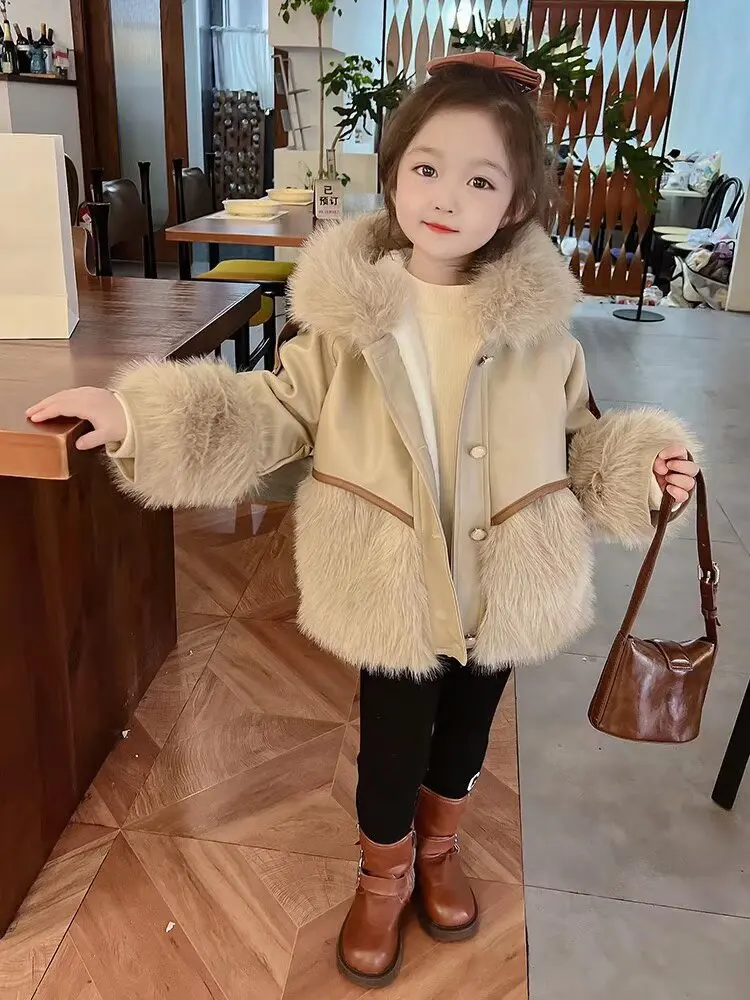 Winter Girls Winter Coat New All Wool Double Sided Cashmere Coat Belt Fox Fur Collar Coat  festival Girls Jacket