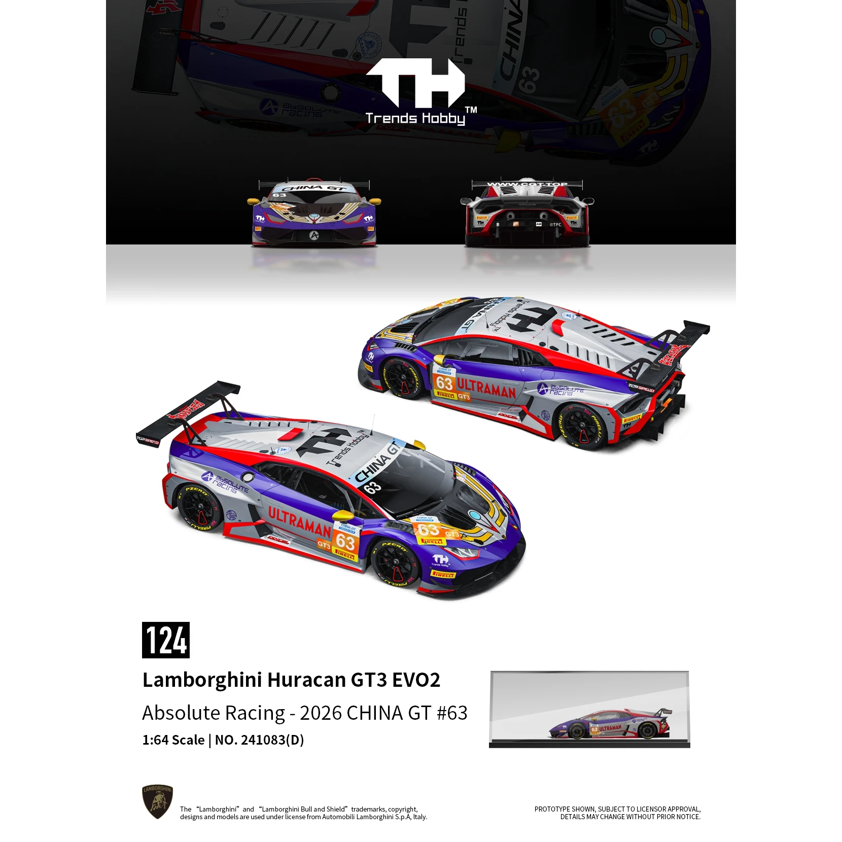 

Коллекционная модель автомобиля Trends Hobby 1/64 Lamborghini Huracan GT3 EVO2 Absolute Racing 2026 China GT, миниатюрная, с вращающимися колесами, литая под давлением