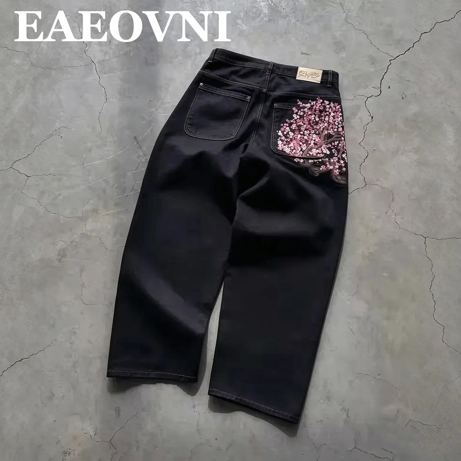 Calças Jeans Vintage Y2K de Cintura Baixa com Bordado de Flor de Cerejeira, Calças de Perna Larga Estilo Hip Hop, Calças Jeans Baggy Masculinas e Femi