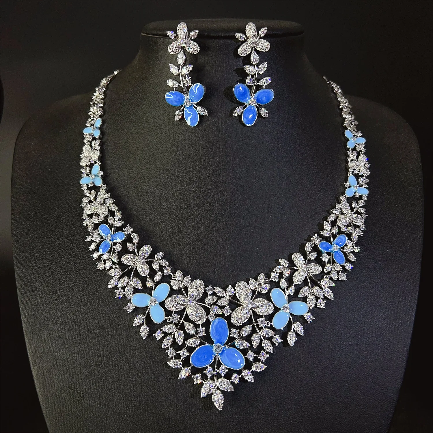 

blue orange flower jewelry sets large necklace earrings wedding dinner party silver gold color zirconia jewelry sets