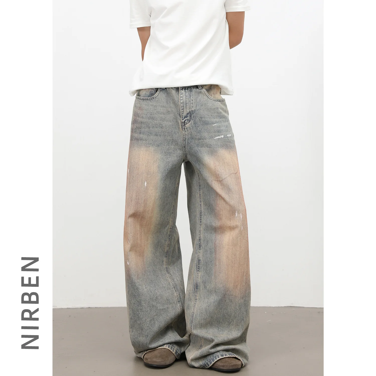 Denim American Retro Ink Splashing Jeans Men's Loose Straight Wide-leg Versatile Floor-mopping Trousers