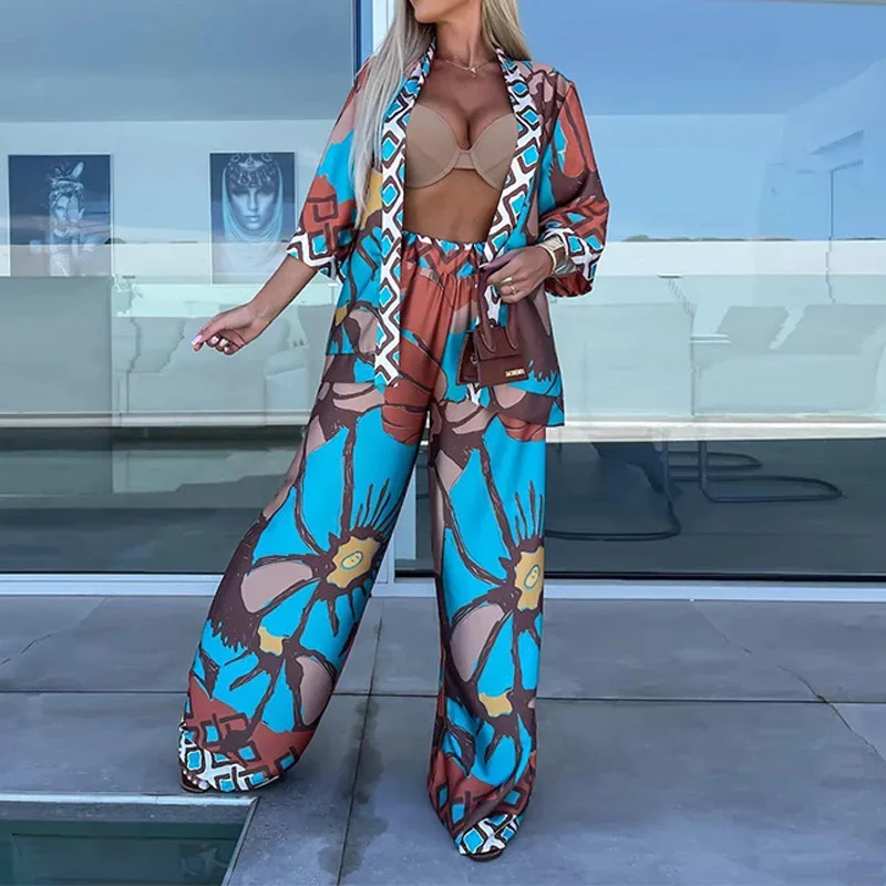 Fashion Casual Bohemia Print Loose Beach Set Spring Wide Leg Long Pants Suits Autumn Women Quarter-Sleeved Cardigan Shirt Outfit