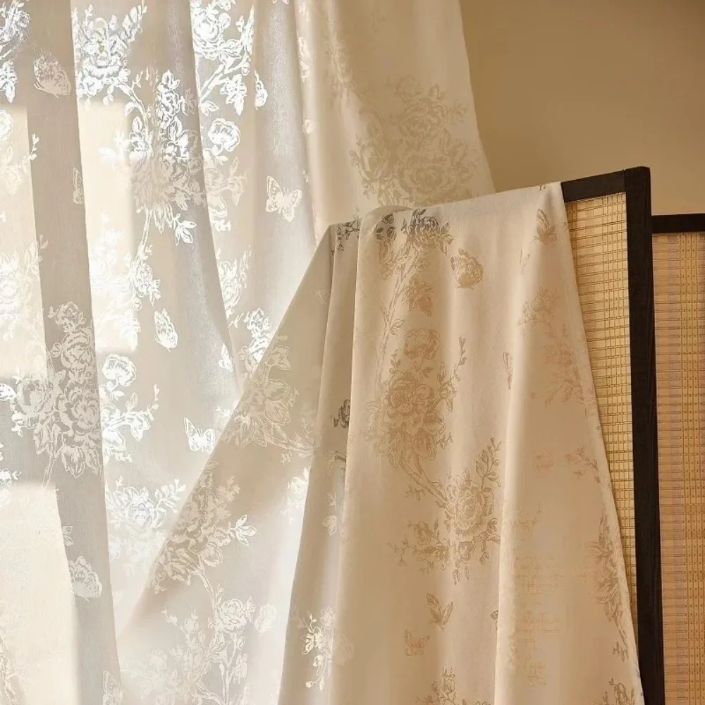 

French Light Luxury Window Screen Transparent Jacquard Butterfly Gauze Cream Curtains for Living Dining Room Bedroom
