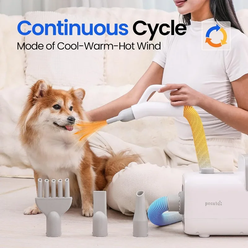 Dog Dryer with Cool-Warm-Hot Cycle Mode, High-Velocity Dog Hair Dryer, Dog Blow Dryer with Adjustable Speed & Temp, 4 Nozzles