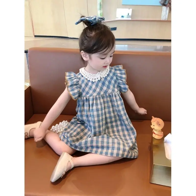 Girls Dress Summer New Fashionable Fashionable Female Baby Korean Lace Plaid Dress Sleeveless Children\'s Princess Dresses