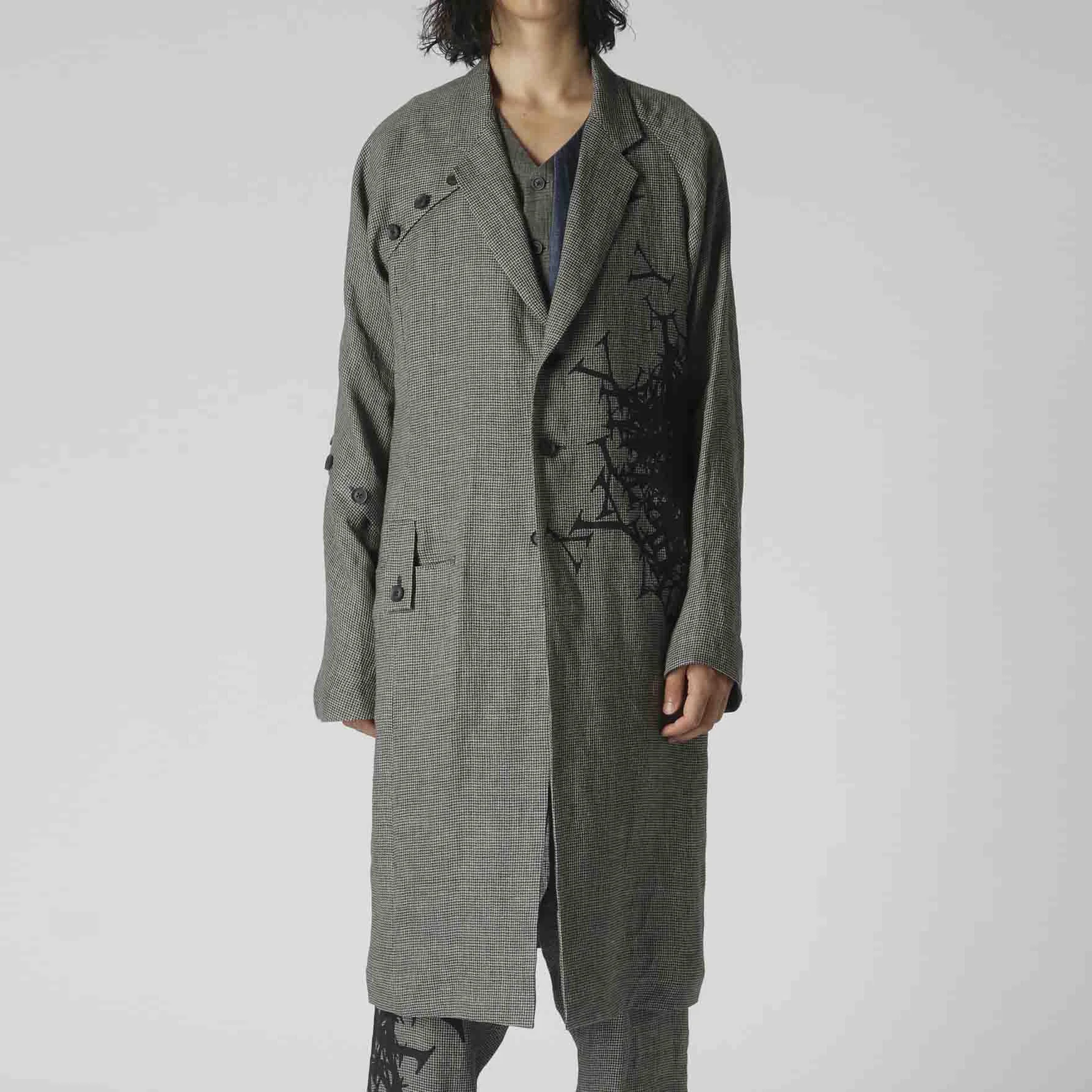 

YOJI OOAK Japanese original design sense graffiti letter print thousand bird check thin coat medium long coat