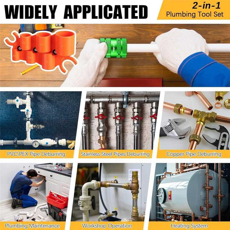 Alesatore per tubi metallici A03F-1/4" a 1-5/8" per tubi in rame/PVC e calibro di profondità da 1/4" a 1", kit di utensili idraulici per utensili per sbavatura