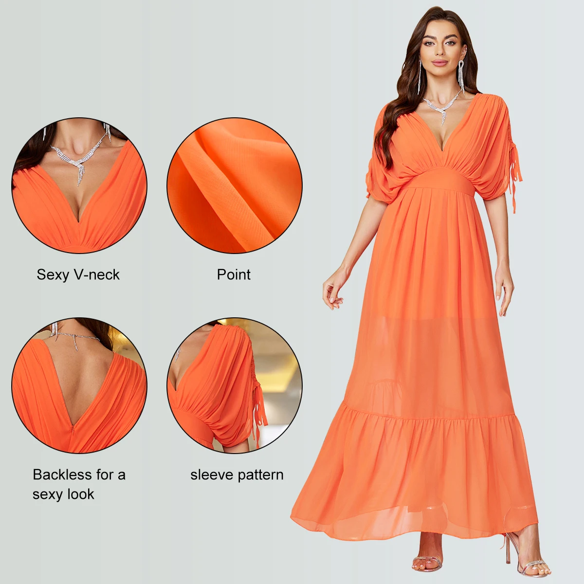 STUNROBES Orange Elegant Deep V-neck Dress Sexy Chiffon Long Dress Suitable for Dance Party Autumn Beach Hollow Skirt