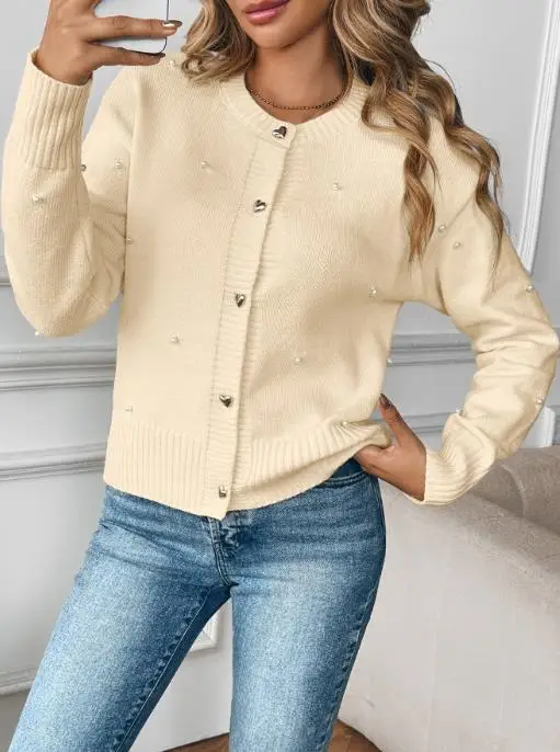 

Women's Pearl Decorated Sweater Jacket Single-Breasted Solid Color Sweet Fragrant New Arrival Fashion for Women 2025