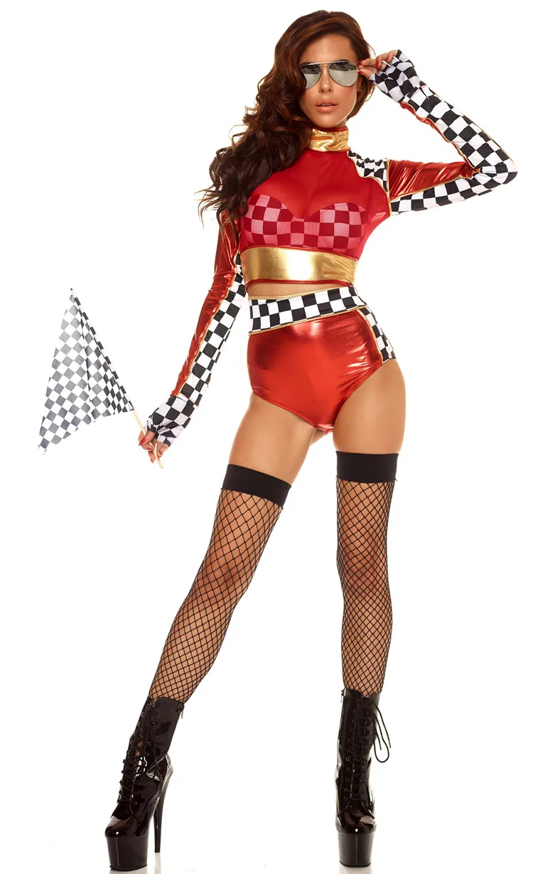 Sexy Race Girl Costume Race Car Driver Jumpsuit Women Black White Plaid Outfit Halloween Long Sleeves Racing Girl Bodysuit