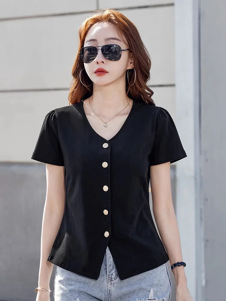 New Women Summer Casual T-shirt Fashion V-Neck Short Sleeve Easy match Loose T-shirt Simplicity Asymmetric Basic T-shirt