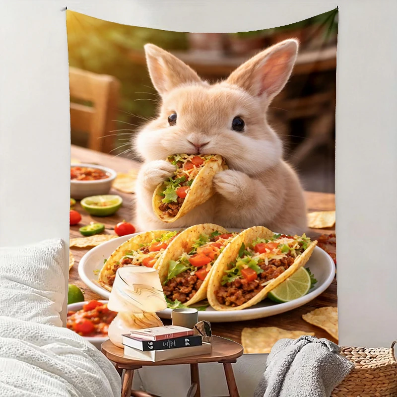 1PC Rabbit Eating Taco Nachos Print Backdrop Banner, Bedroom Living Room Photo Background, Polyester, Home Decor, Wall Art