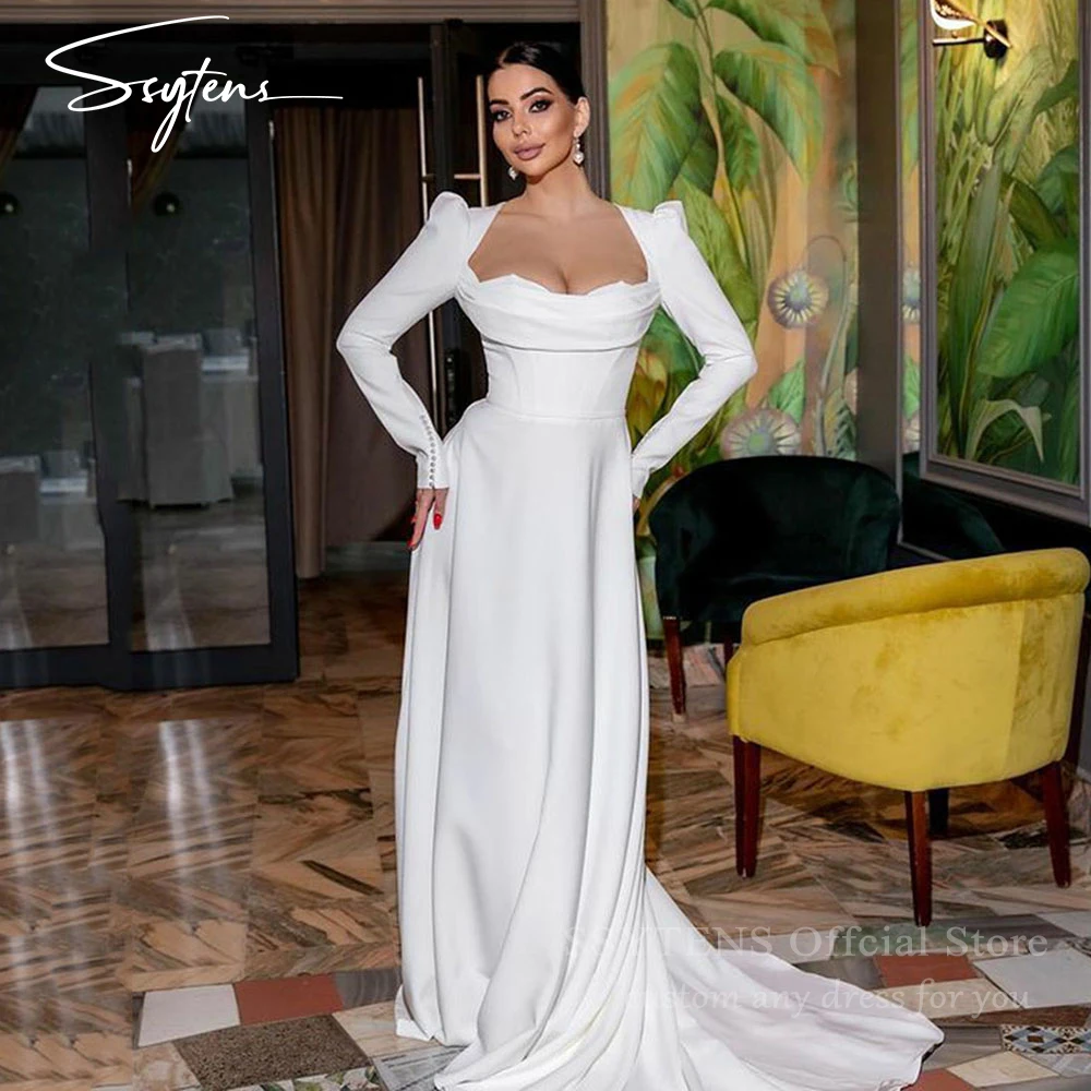 

SSYTENS Elegant Brides Wedding Dresses Long Sleeves Button Queen Anne Bridal Dress 2024 Civil Beach Bride Gowns Custom Made