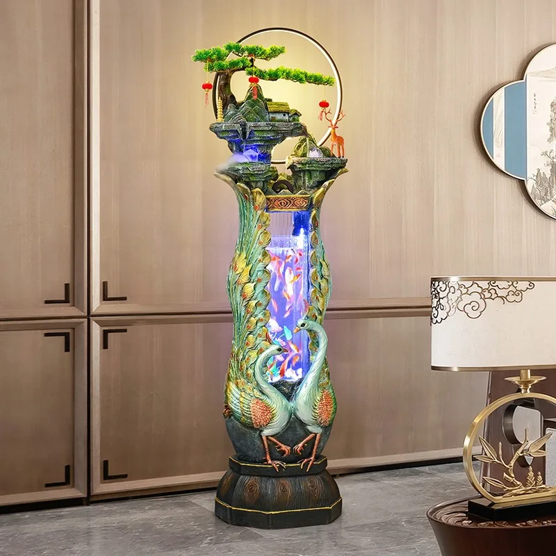 Spot new Chinese peacock fish tank circulating water flow ornament living room entrance corner landscape decoration opening gift