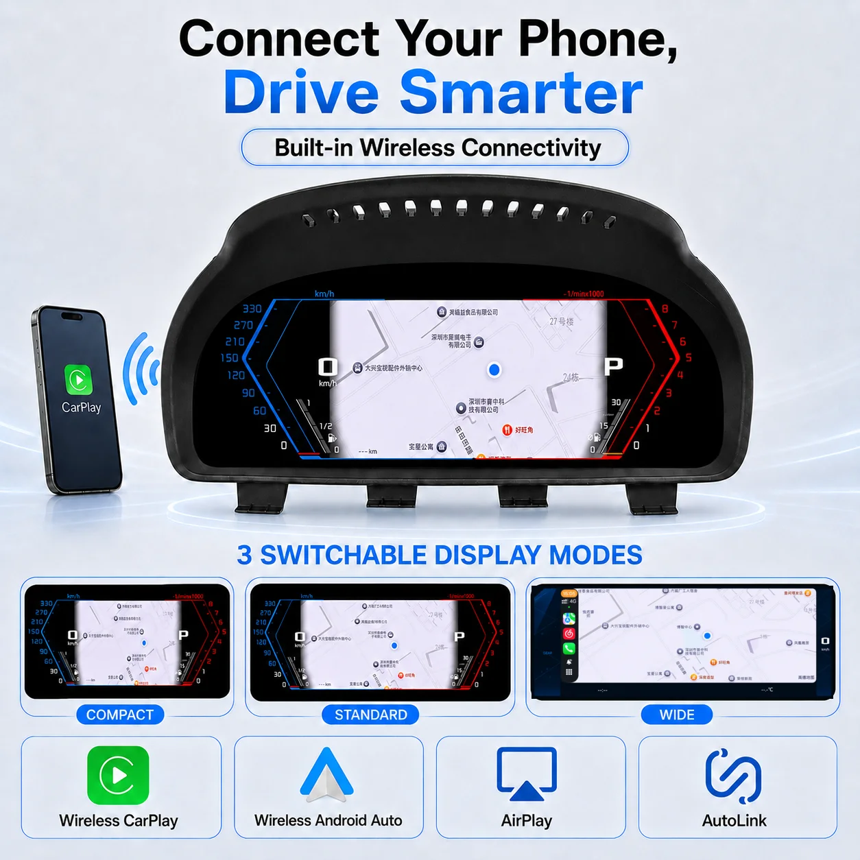 AUTOTOP Tableau de bord numérique 12,3 pouces pour BMW Série 5 6 7 F10 F11 F18 GT-F07 F06 F12 F13 F01 F02 F03 2009-2017 CIC NBT, CarPlay sans fil, Android Auto, HUD d'origine conservé, cockpit virtuel 1920x720, écran de navigation, données du véhicule d'origine, écran HD