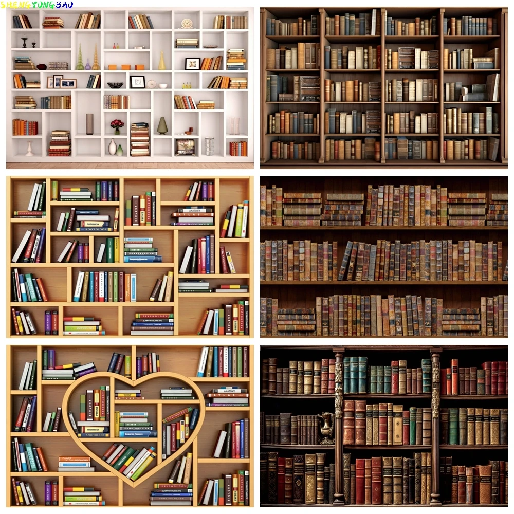 

Book Shelf Bookcase Backdrop for Photography Back to School Study Library Shelves Wall Room Decor Photocall Portrait Background