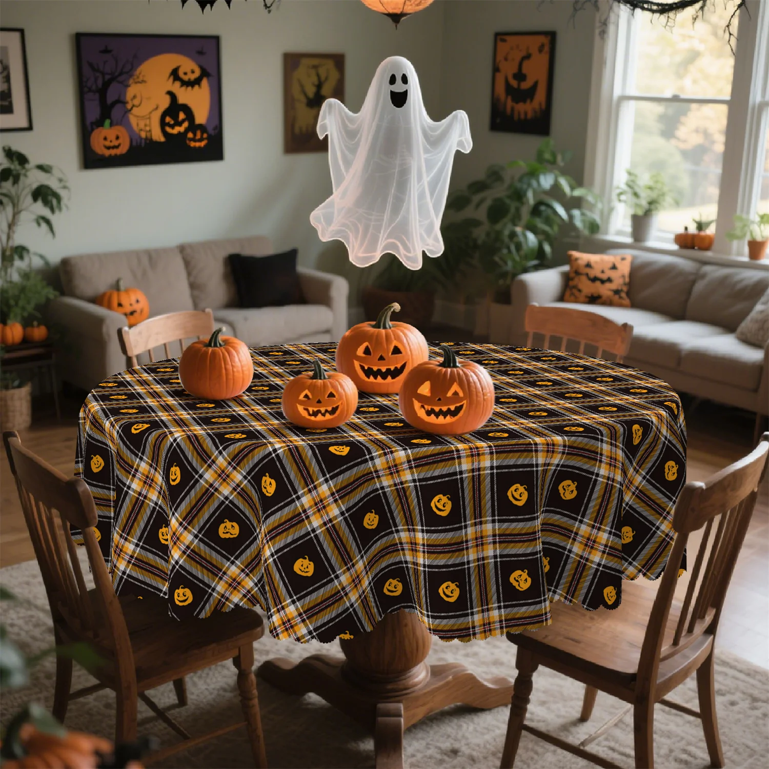 Checkered Ghost Face Pumpkin Halloween Tablecloth - 1 pack - Suitable for kitchen table, outdoor party decoration
