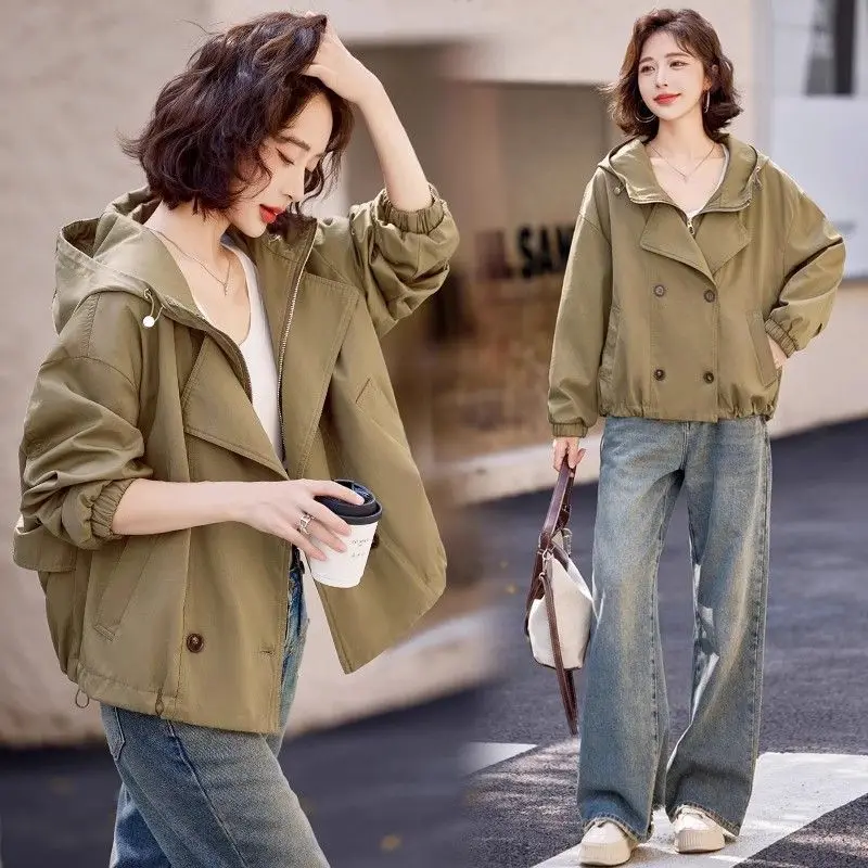

Short Trench Coat Women's Khaki Fashion Design Sense 2026 Spring And Autumn New Casual Hooded Jacket Trend Brown Windbreaker