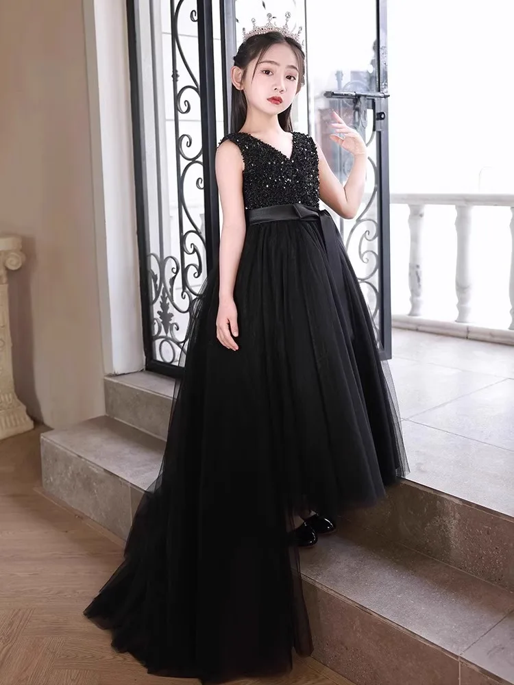 Customized Black V Neck Baby Flower Girl Dresses Sequins Tulle Children Wedding Birthday Prom Party Gowns