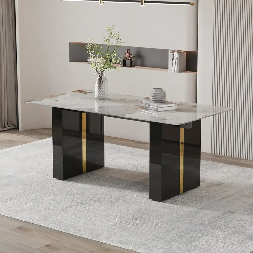 Modern Dining Table for 6 8, 71'' White Dining Table Faux Marble Dining Table Top with Black Gold Legs Table, Rectangle Kitchen