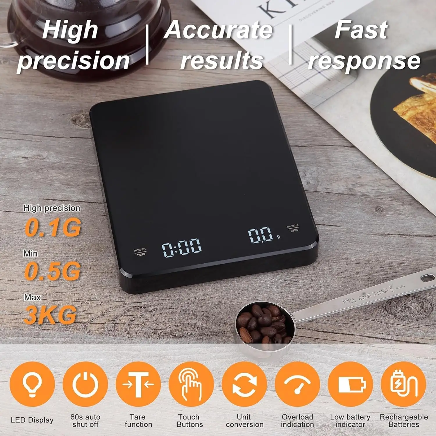 Digital Coffee Scale with Timer, 3KG/0.1g(ml/oz) High Precision, Auto Tare Function,USB Rechargeable Scale with LED Display