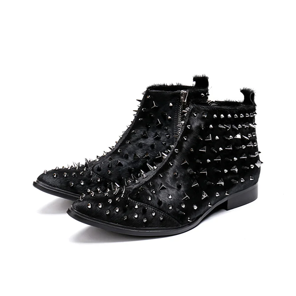 Black Down Rivet Zipper Genuine Leather High Heels Pointed Toe Boots Male Plus Size Punk Fashion Motorcycle Cowboy Dress Shoe