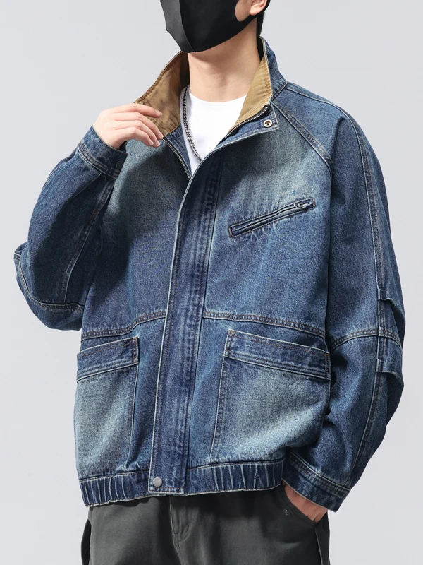 

Spring 2026 Loose Casual American Workwear Sle Men's Denim Jaet Stand Collar Multi ket Cotton Polyester Blend Jaet