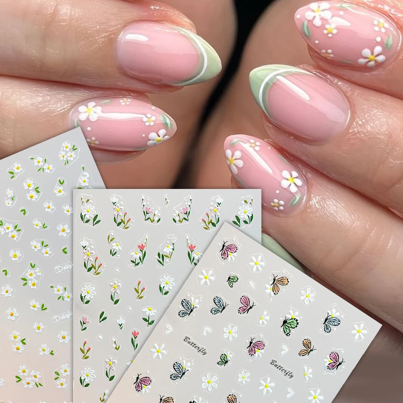 여름 테마 네일 스티커 블루베리 나비 데이지 꽃 접착 슬라이더 귀여운 포일 매니큐어 장식