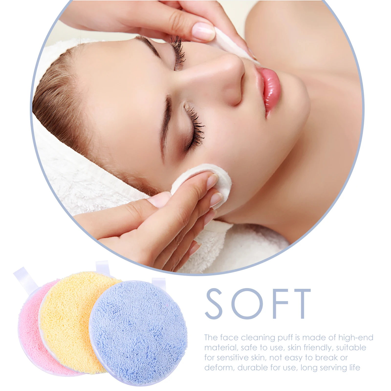 3 pçs almofadas de limpeza redondas microfibra rosto lavagem toalha beleza macio azul rosa amarelo grande algodão puff cosméticos