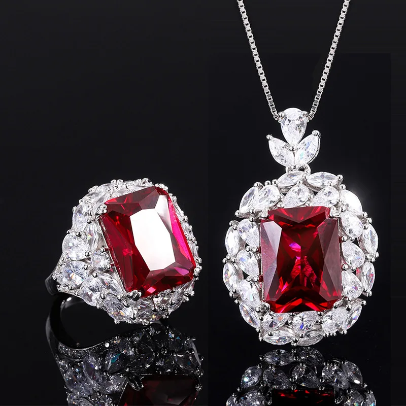 

BeadsSTrue Red Corundum12*15Versatile Women's Pendant Ring Luxury Set