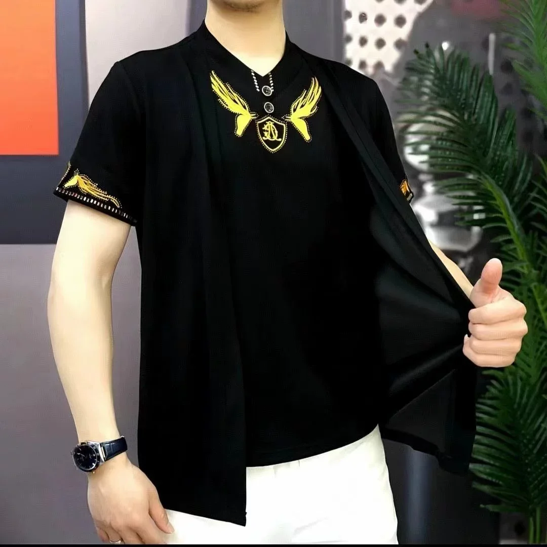 Rhinestone Embroidery T Shirt For Men Short Sleeve Fake Two-Piece Summer New Quality Soft Comfortable Trendy Camisetas De Hombre