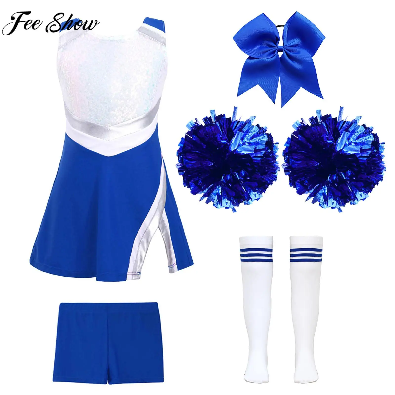 Teen Girls Cheerleading Dance Uniform Shiny Sequin Dress with Shorts Headwear Hand Flowers Socks Sports Meeting Show Costume